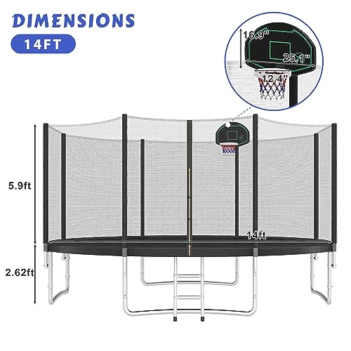 Merax 14FT Trampoline with Safety Enclosure, Basketball Hoop & Ladder Black
