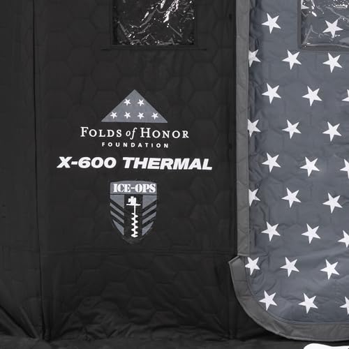 CLAM Thermal Ice Shelter 6 Person Insulated Winter Fishing Hub Tent X-600 Portable Popup Heated Camping House Black Ice Ops