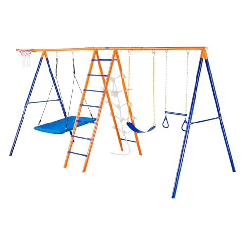 VEVOR 6-in-1 Swing Set with Swings, Trapeze, Ladder, Net & Hoop Blue/Orange
