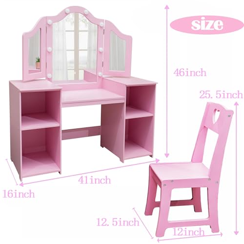 JoanKaren Kids Vanity Table 2-in-1 Princess Makeup Desk with Touch Light Pink With Crown