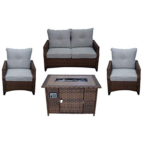 Courtyard Casual 5240 Costa Mesa 5-Piece Seating Set with Loveseat, Club Chairs, End Table & Gas Fire Pit Brown