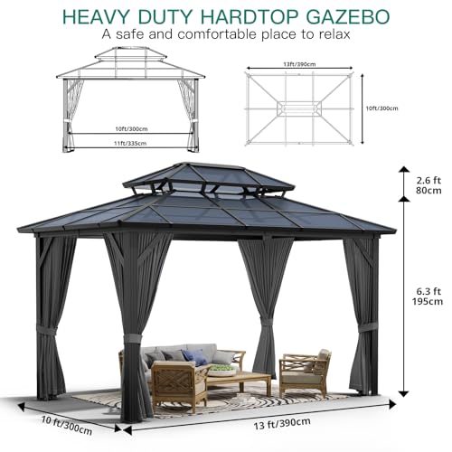 Agrestem 10X13 FT Outdoor Polycarbonate Hardtop Gazebo with Netting and Sunshade Curtains, Grey