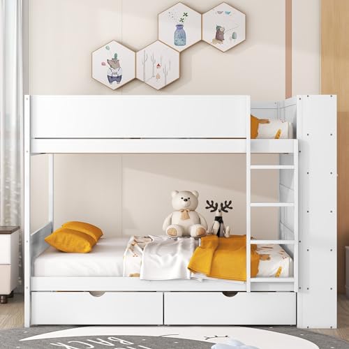 Jintop Twin Over Twin Bunk Bed with Storage Drawers and Cabinet White