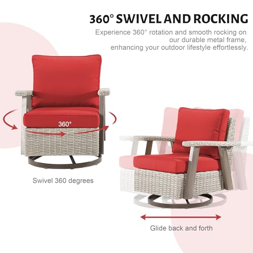 Yokayoay Wicker Patio Chairs Set of 2 Outdoor Swivel Rocking Chairs Grey/Red
