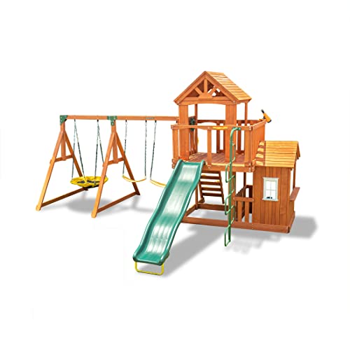 Sportspower Sandalwood Wood Swing Set with Swings, Slide & Playhouse Green