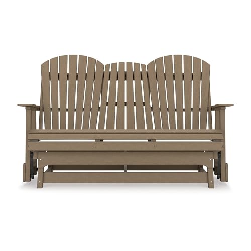 Benzara 67 Inch Outdoor Adirondack Glider Loveseat with Dropdown Cupholders Brown