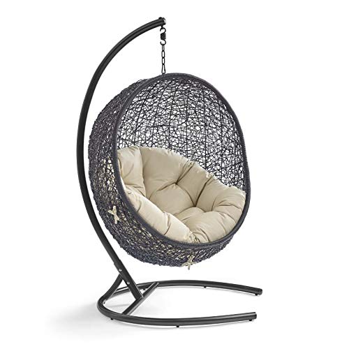 Modway Encase Wicker Rattan Outdoor Patio Swing Chair with Stand Black Beige