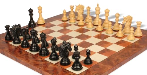 The Chess Store Bucephalus Staunton Chess Set Ebony & Boxwood with Elm Burl & Erable Board 4.5" King