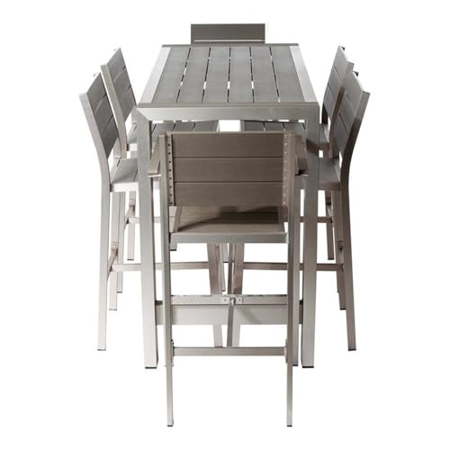 Pemberly Row Contemporary 7-Piece Aluminum Patio Bar Set Grey