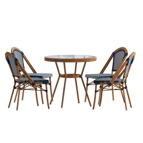 EMMA + OLIVER Soie Bistro Set Navy & White Rattan with Natural Frame