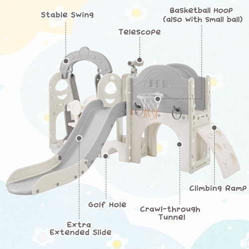 Miscoos 7-in-1 Toddler Playset with Slide, Swing & Basketball Hoop Gray+White