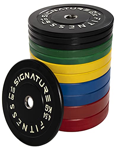 Signature Fitness Olympic Bumper Plate Weight Plates with 7FT Barbell 370LB Set Colored