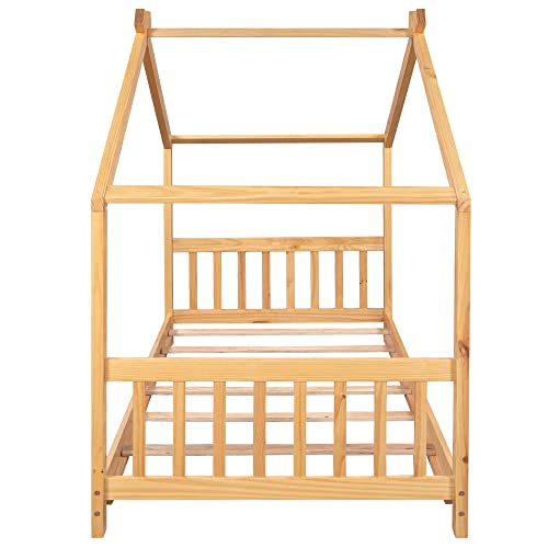 Generic Roof House Platform Bed Frame with Headboard & Footboard Twin Natural