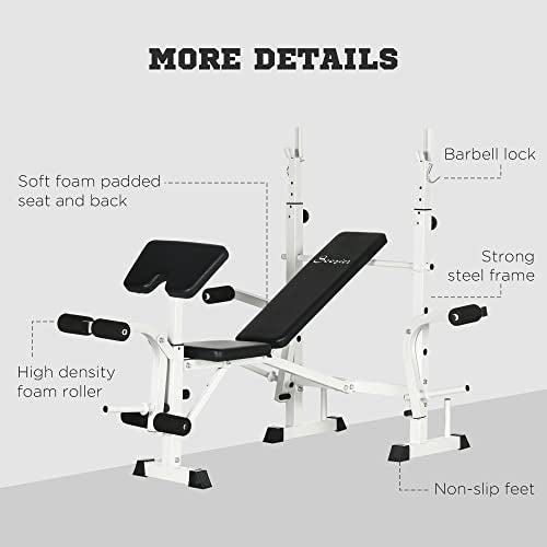 Soozier Adjustable Weight Bench with Squat Rack, Preacher Curl Pad, Leg Developer, Butterfly and Weight Storage Black and White