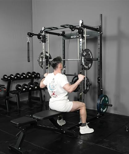 EonfitOmni Smith Machine Squat Rack Cable Crossover Pulley System Home Gym Equipment Black with Red Bench