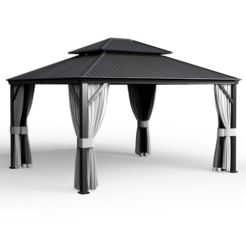 Pamapic 12'x14' Hardtop Gazebo with Netting and Curtains Black