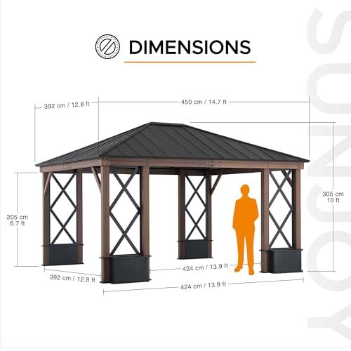 SummerCove Hardtop Gazebo 13ft x 15ft Black Steel Roof with Planters and Ceiling Hook