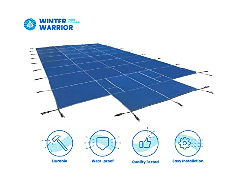LINERWORLD.COM Winter Warrior Mesh Inground Safety Pool Cover 20'x40' with Center End Step Arctic Blue