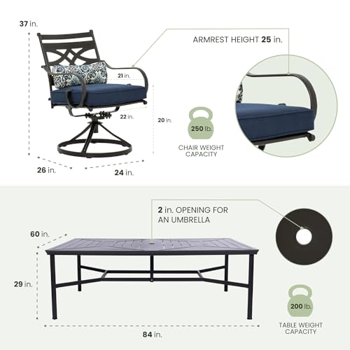 Hanover Montclair 11-Piece Patio Dining Set with 10 Swivel Rocker Chairs and Lumbar Pillows Navy Blue