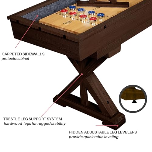 Freetime Fun 12 FT Multi-Game Shuffleboard Table Solid Wood with Bowling Pin Set Espresso