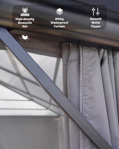 GarveeLife Hardtop Gazebo 10'x12' All Weather with Double Metal Roof, Aluminum Frame, Net & Curtain Gray
