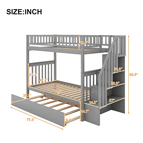 Merax Twin Over Twin Bunk Beds with Staircase and Trundle Grey