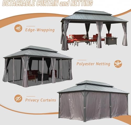 LOPOO Hardtop Gazebo Aluminum with Galvanized Steel Double Roof Gray