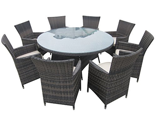 SMU 9 Piece Wicker Patio Round Dining Set Taupe