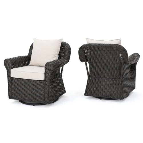 Noble House Amaya Outdoor Dark Brown Wicker Swivel Rocking Chair Set with Beige Cushions (Set of 2)