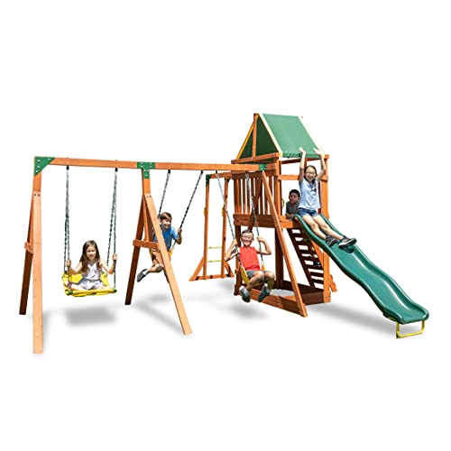 Sportspower Olympia Wood Swing Set with 3 Swings, Slide & Monkey Bars Natural/Green