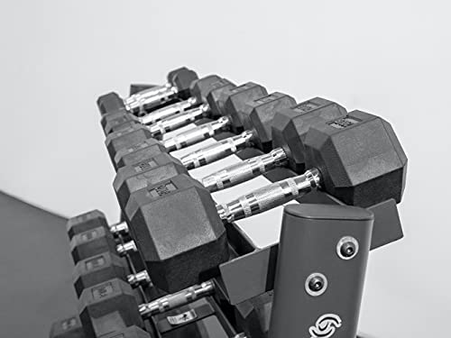 BK BodyKore Rubber Hex Dumbbell Set with 3 Tier Commercial Rack