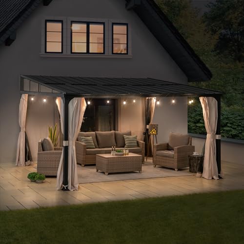 Sunjoy 12x14 ft Wall Mounted Gazebo with Powder Coated Steel Roof, Black Aluminum Frame, Curtains & Netting Black