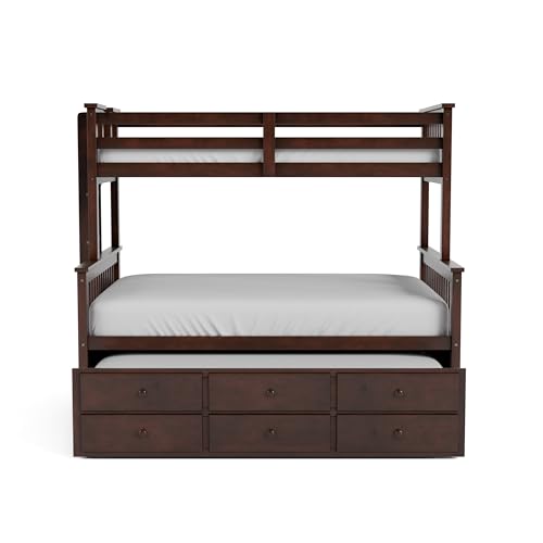 Furniture of America Barnett Solid Wood Bunk Bed with Trundle & Drawers Twin Over Full Dark Walnut
