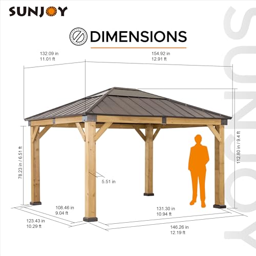 Sunjoy Hardtop Gazebo 11x13 ft Cedar Frame Brown Steel Polycarbonate Roof Brown + Natural Wood