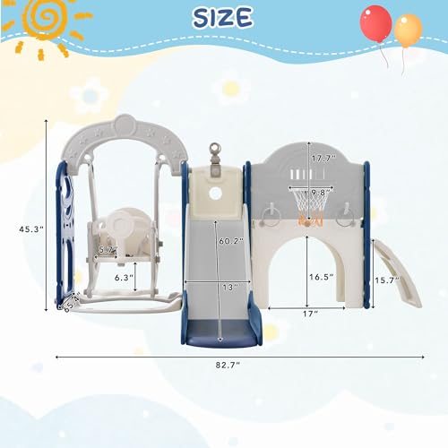 KOZYSFLER 8-in-1 Toddler Slide and Swing Set with Basketball Hoop Grey/Blue/White