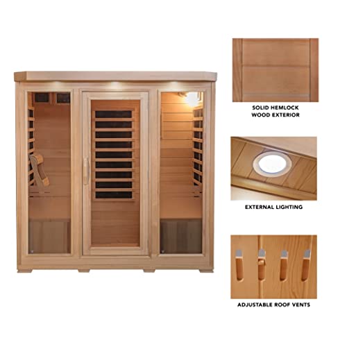 Heat Wave 4 Person Sauna Hemlock Wood Sonoma 9 Carbon Infrared Heaters MP3 Player Chromo Therapy Lighting 120V 2100W Wood