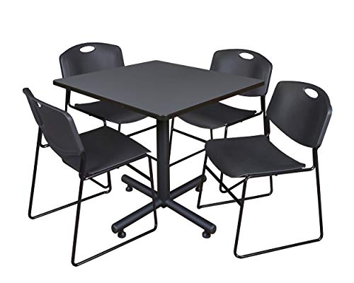 Regency Kobe 36-Inch Square Breakroom Table Grey with 4 Zeng Stack Chairs Black