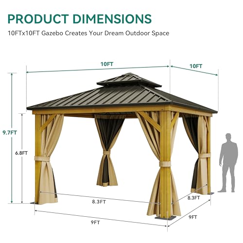 YITAHOME 10x10ft Hardtop Gazebo with Netting and Curtains, Brown
