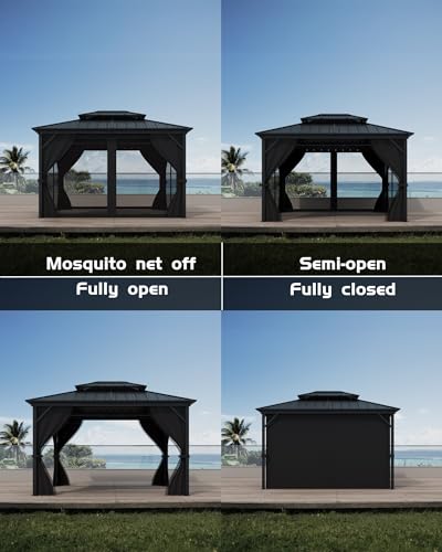GarveeLife Hardtop Gazebo 10'x12' All Weather with Double Metal Roof, Aluminum Frame, Net & Curtain Gray