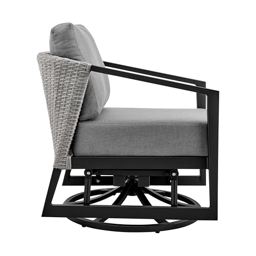 Benzara Nyla 28 Inch Patio Swivel Lounge Chair Wicker Back Aluminum Frame Black Gray
