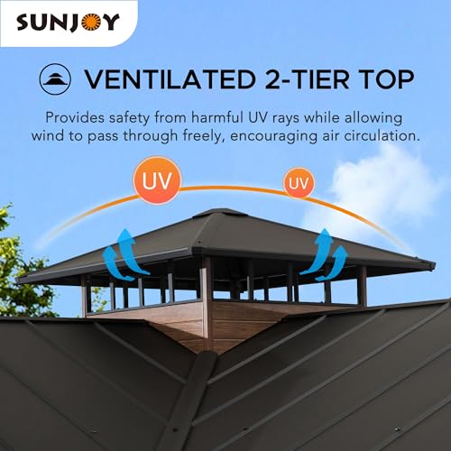 Sunjoy 12.5 x 12.5 ft. Hardtop Gazebo Brown Steel 2-Tier Outdoor with Ceiling Hook
