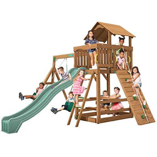 Creative Playthings LTD. Spring Hill Wooden Swing Set with Climbing Wall, Swings, and Slide Yellow
