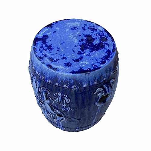 Orientliving Chinese Mixed Blue Round Lotus Clay Ceramic Garden Stool Table Blue