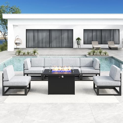 LayinSun Large Aluminum Patio Furniture Set with Fire Pit Table, 7 Pieces Outdoor Sectional Sofa Set Black/Light Grey