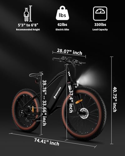 Luckeep 1200W Electric Mountain Bike with Lock, 26" Fat Tire, 48V Battery