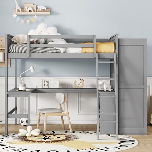 Jintop Full Over Full Bunk Bed with Storage Drawers and Cabinet Grey