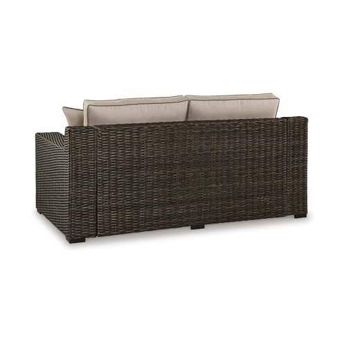 Benzara 71 Inch Outdoor Loveseat with 2 Throw Pillows Resin Wicker Brown Beige Black
