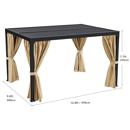 YITAHOME 10x13ft Louvered Aluminum Pergola with Adjustable Roof and Netting Brown