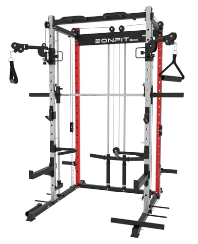 EonfitOmni Smith Machine Power Cage Multifunctional Squat Rack with Smith Bar, Pulley System for Strength Training Equipment 1000lbs Red3