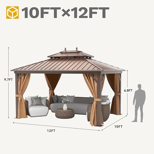DWVO 10x12ft Hardtop Gazebo with Nettings and Curtains Bronze